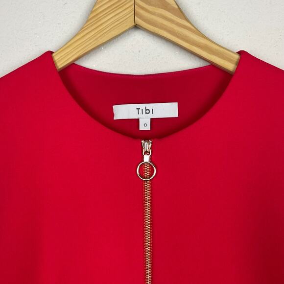 Tibi Red Bell Sleeve Sheath Dress Size 0 Ponte Knit Round Neck Knee Length - Picture 3 of 6